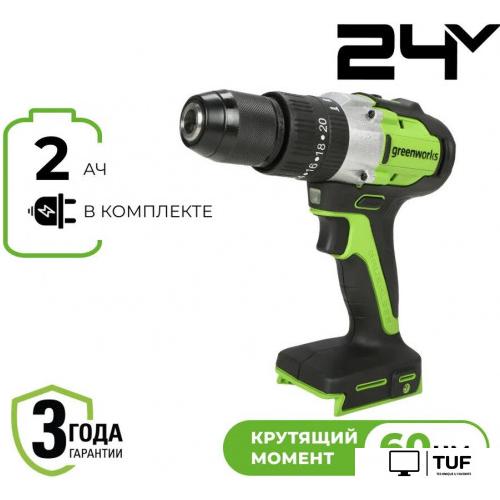 Ударная дрель-шуруповерт Greenworks GD24DD60 3704107CUA (с 2-мя АКБ, кейс)