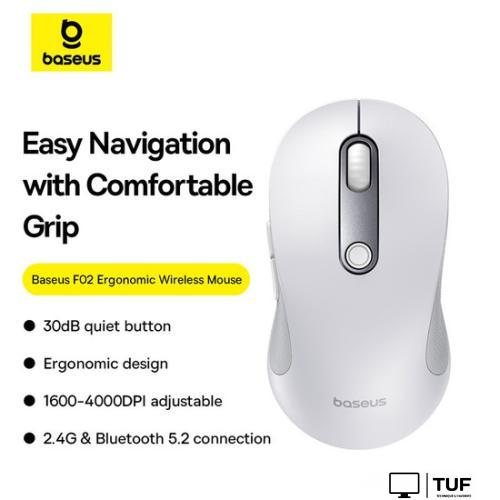 Мышь Baseus F02 Ergonomic Wireless Mouse (белый, без батарейки в комплекте)