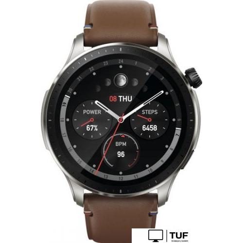 Умные часы Amazfit GTR 4 (серебристый, с коричневым кожаным ремешком)