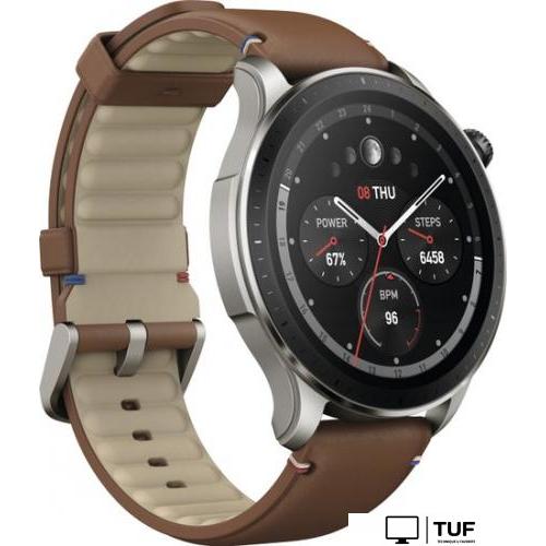 Умные часы Amazfit GTR 4 (серебристый, с коричневым кожаным ремешком)