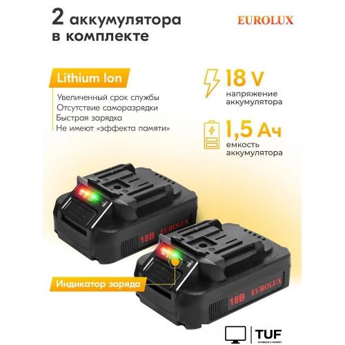 Дрель-шуруповерт Eurolux ДА-18DU-2 900/72/14/65 (с 2-мя АКБ, кейс)