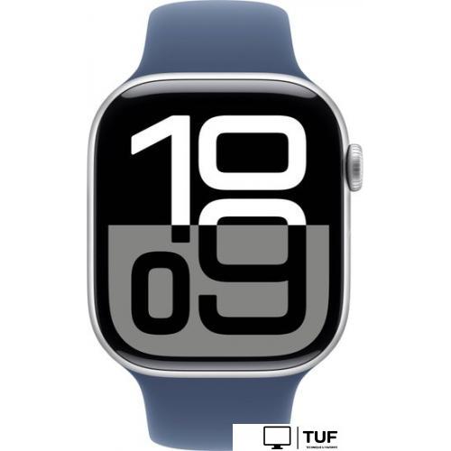 Умные часы Apple Watch Series 10 46 мм (алюминиевый корпус, серебристый/синий, спортивный силиконовый ремешок M/L)