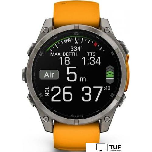 Умные часы Garmin Fenix 8 Sapphire, Titanium 47мм (светло-серый, оранжевый силиконовый ремешок)