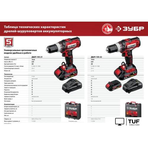 Дрель-шуруповерт Зубр Мастер ДШЛ-145-22 (с 2-мя АКБ, кейс)