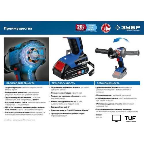 Ударная дрель-шуруповерт Зубр Профессионал DBS-201-22 (с 2-мя АКБ, кейс)
