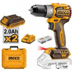 Дрель-шуруповерт Ingco CDLI20602 (с 2-мя АКБ, кейс, набор оснастки)